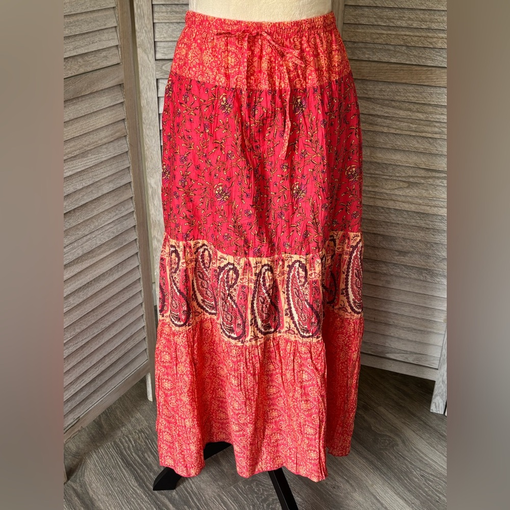 Vintage BOHO Style Women’s SZ 18/20 MIDI Skirt PaisleyFloral Orange 100% Cotton